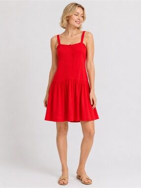Taylor Drop Waist Mini Dress Pintuck Button Front Sleeveless Red 6 NWT